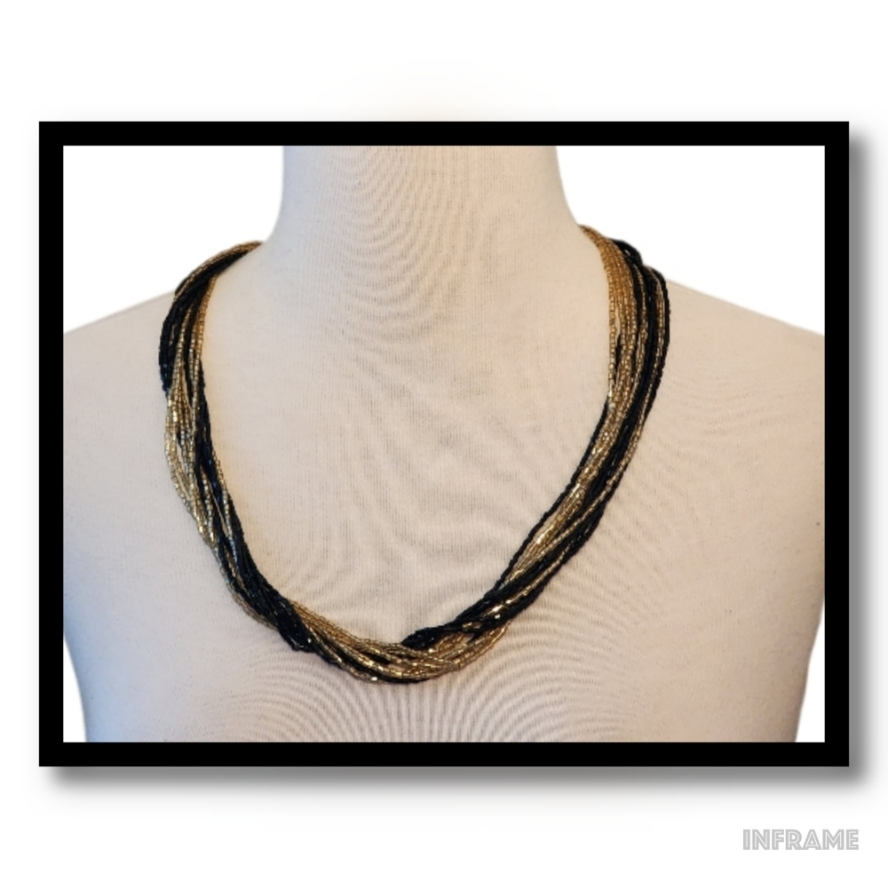 Beaded Multi-strand Black & Gold Necklace